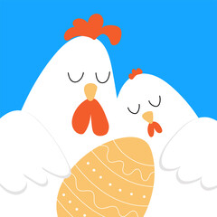 A white rooster and a hen are hugging an Easter egg. Square postcard, poster, banner Happy Easter. Minimalistic design on a blue background. For publications in social networks, mobile applications