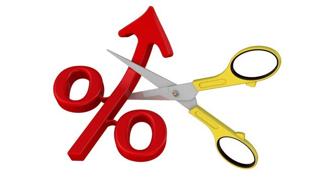 Stop percent growth. Concept. Scissors cut the arrow pointing up at the red symbol percent. The concept of the cessation of growth of the interest rate. Footage video