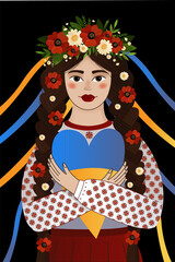 The Ukrainian woman in a wreath with poppies and daisies in a traditional vyshyvanka holds a heart with the flag of Ukraine. Pray for peace Ukraine. Vector illustration. Save Ukraine concept.