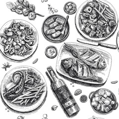 Greek food. Seamless pattern. Sketchy vector hand-drawn illustrations.