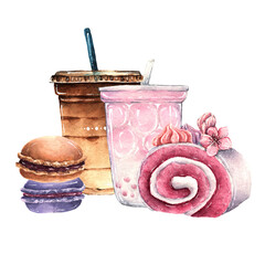 Watercolor illustration. Desserts. coffee, bubble tea, swiss roll, macaron. handmade, postcard, print on t-shirt