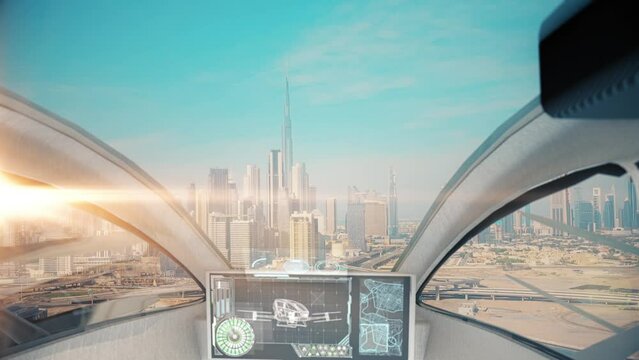 Cockpit view from autopilot drone taxi to the futuristic city with sunrise and big display inside a cabin. POV to Dubai city from the sky.