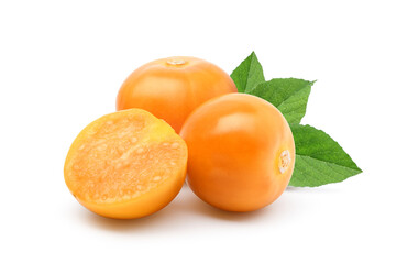 Cape gooseberry (physalis) with cut in half leaves isolated on white background.