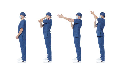 Exercise for medical professionals.Standing medic stretching arm . Profile view.