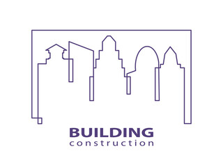 Buildings logo. Construction working industry concept. Skyscraper silhouettes. Building construction logo in violet on white background for your web site design, app, UI.  EPS10.