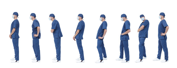Medical professional standing in various poses Correct and incorrect postures,  profile vies.