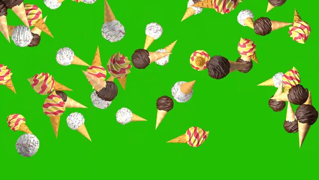 Ice cream cones fall like rain. On a chroma key background. 3D animation.