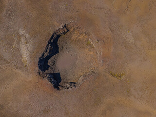 inactive volcanic crater from above. Drone view of landscape in Iceland of Reykjanes Peninsula....