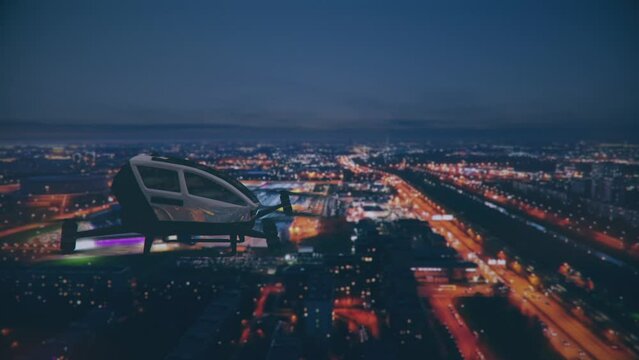 Autonomous driverless aerial vehicle flying on city background, Future transportation with 5G technology concept