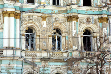 War in Ukraine. Destroyed Ukrainian house in the city of Kharkov as a result of the attack of the Russian army on Ukraine. Russian military aggression against Ukraine.