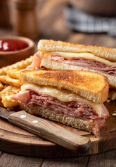 Grilled ham and cheese sandwich with french fries - 495246572