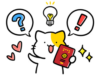 パスポートを持つかわいいねこのキャラクターの手書き風イラスト