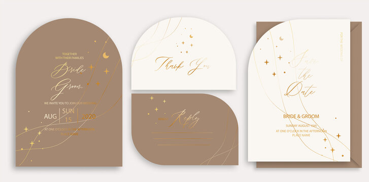 Modern wedding invitation template, arch shape with gold moon and star and handmade calligraphy.
