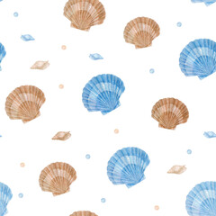 Watercolor seamless pattern on white background. Sea shells watercolor hand drawn for banner, poster, print, postcard, textile, template.