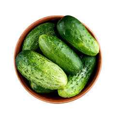 bowl of fresh whole tasty cucumbers isolated on white background. above view. cucumber stack cut out
