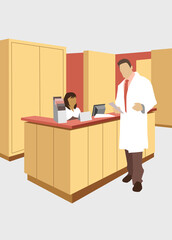 Multi colored vector illustration of a medical practice with doctor and nurse