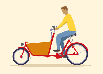Colorful vector illustration of a man on a red freight bicycle