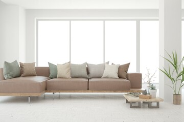 White living room with sofa. Scandinavian interior design. 3D illustration