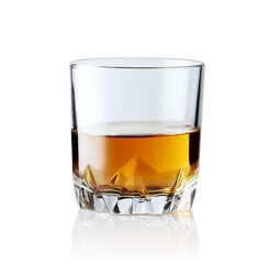 Scotch whiskey in an elegant glass on a white background with reflections.