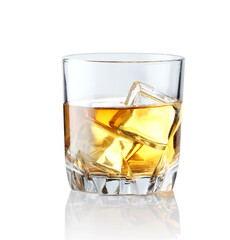 Scotch whiskey in an elegant glass with ice cubes on white background.