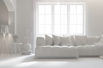 White minimalist living room with sofa. Scandinavian interior design. 3D illustration