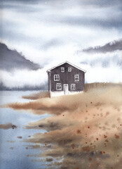 Watercolor landscape. House on the coast with a view of the mountains.Typical Norwegian landscape.