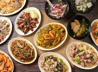 Assorted taiwan food Curry Assorted Fried Noodles, fried noodles with clam rolls, deep-fried Shrimp, fried beef, Fried rolls noodle, Red meat clam soup isolated on mat side view on dark wooden table