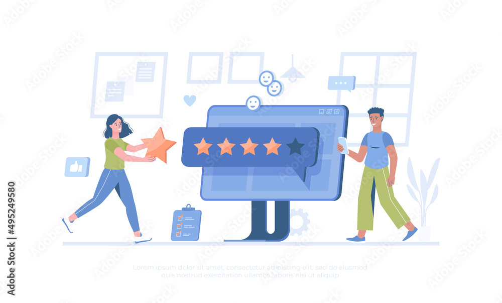 Wall mural Best feedback, five star rating. Customer client positive review. User satisfaction, recommendations. Cartoon modern flat vector illustration for banner, website design, landing page.