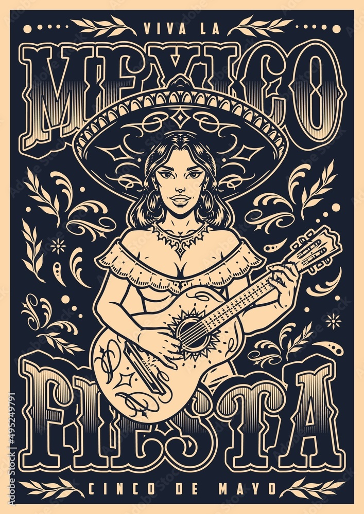 Poster Mexican woman guitarist monochrome poster