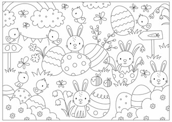 Happy Easter. Cute cartoon coloring page. Big vector coloring poster with bunny, eggs, birds. Printable worksheets 