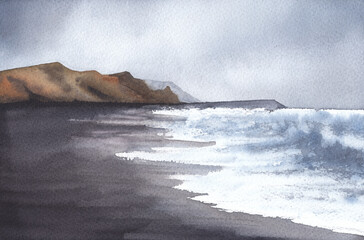 Watercolor landscape. Sea sandy coast. Surf. Mountains in the background.