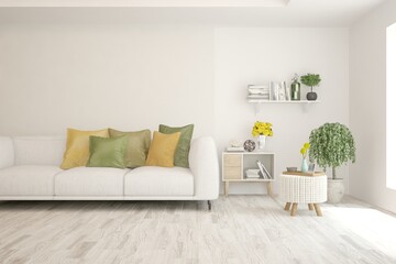 Stylish room in white color with sofa. Scandinavian interior design. 3D illustration