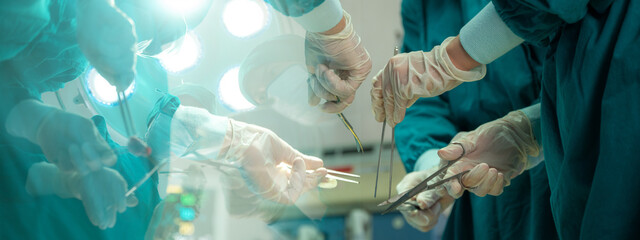banner background of professional surgical doctor team are working in hospital operation room,...
