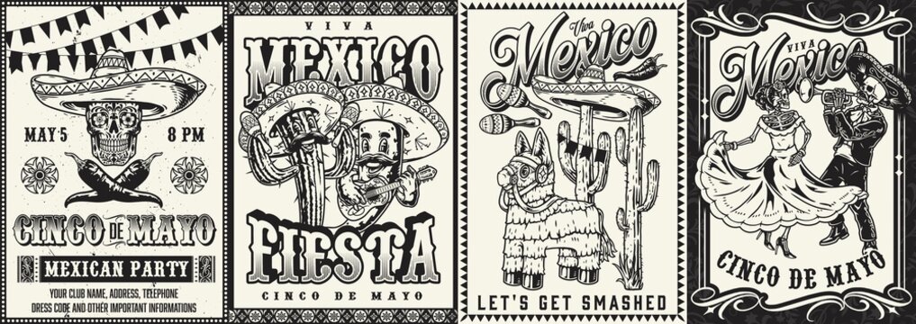 Mexican fiesta monochrome posters collection
