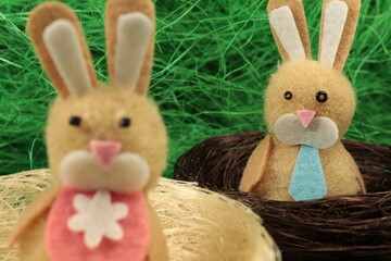 Two easter bunnies in cute nests against a green, grassy background.