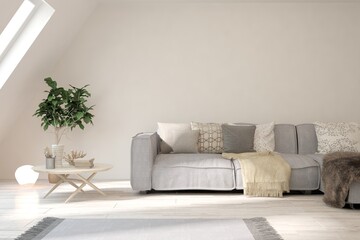 White living room with sofa. Scandinavian interior design. 3D illustration