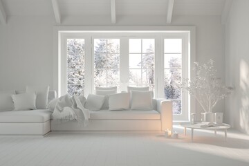 Mock up of stylish room in white color with sofa and winter landscape in window. Scandinavian interior design. 3D illustration