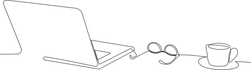 Continuous line drawing of a desktop with modern devices and office stationery. Workspace. Home workplace. Laptop on table decorated with room. Vector illustration