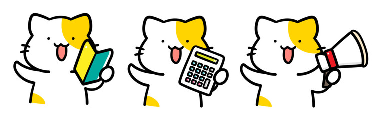 色々なアイコンを持つかわいいねこのキャラクターの手書き風イラストセット