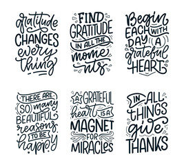 Fototapeta premium Set with hand drawn lettering quotes about Gratitude. Cool phrases for print and poster design. Inspirational slogans. Vector