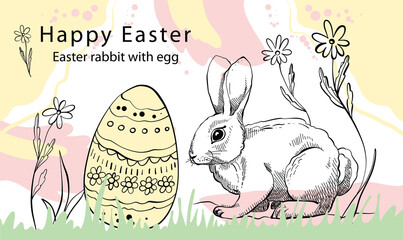 Banner with cute Rabbits and Floral Selection of Doodle Easter Set with Bunnies