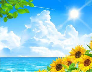 太陽の下入道雲の青い空の下に咲く向日葵と飛行機雲と海のゆらめく波の夏イメージイラスト素材