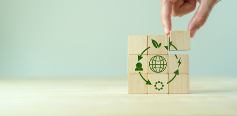 Circular economy concept, recycle, environment, reuse, manufacturing, waste, consumer, resources. LCA Life cycle assessment. Sustainability Wooden cubes; symbol of circular economy on grey background. - obrazy, fototapety, plakaty