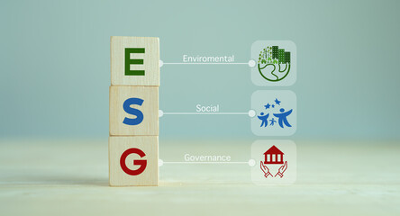 ESG concept of environmental, social and governance. Sustainable corporation development.  Wooden...