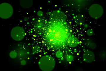 Dark Green sparkle rays glitter lights with bokeh elegant abstract background. Dust sparks background.