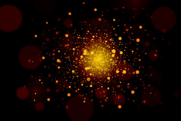 Dark Gold sparkle rays glitter lights with bokeh elegant abstract background. Dust sparks background.