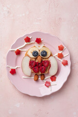 Owl pancakes with fruits for kids breakfast