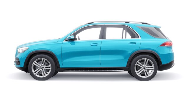 Paris. France. March 26, 2022. Mercedes-Benz GLE 2020. Expensive premium mid-size SUV for every day for work and family. Blue car model on a white isolated background. 3d illustration