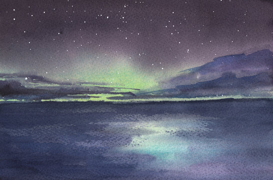 Watercolor landscape. Night sky with northern lights and stars.