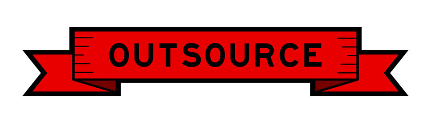 Ribbon label banner with word outsource in red color on white background